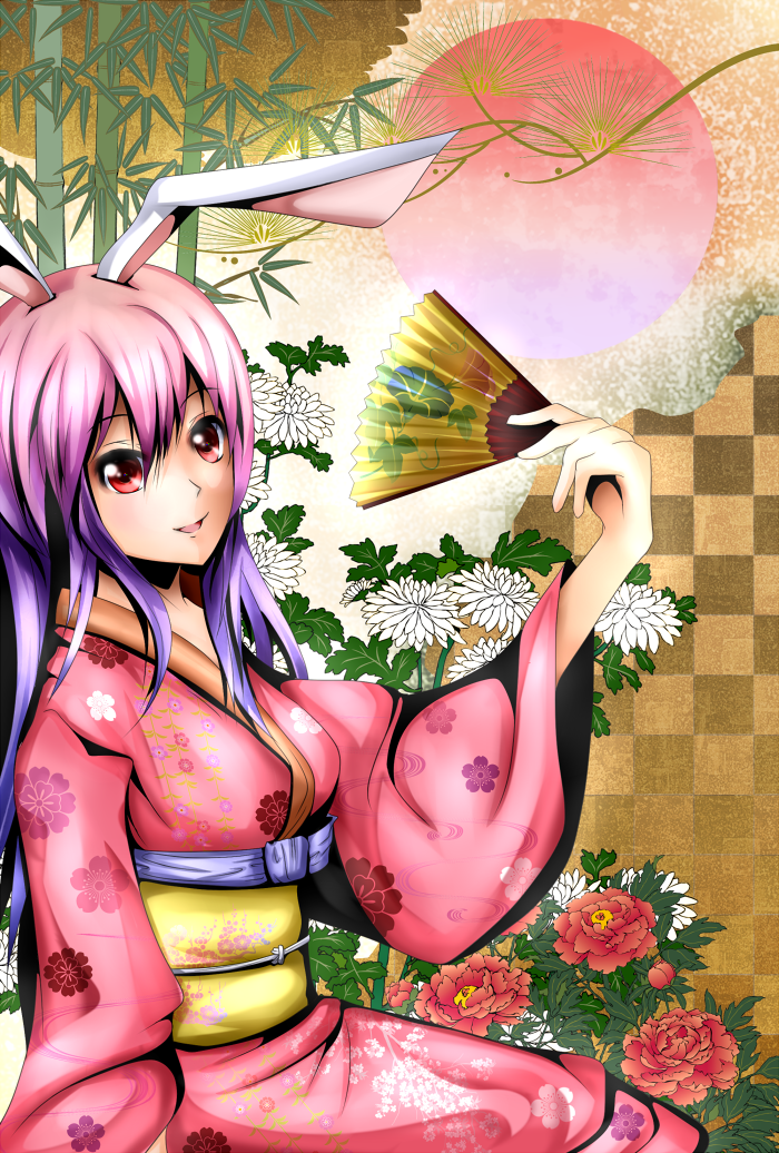 1girl alternate_costume animal_ears bad_id bad_pixiv_id rabbit_ears hand_fan female_focus folding_fan japanese_clothes kimono light_purple_hair long_hair multicolored_hair pandora-ex pink_hair red_eyes reisen_udongein_inaba smile solo touhou