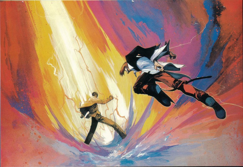2boys andy_seto black_hair dress_shirt fighting fire jumping kusanagi_kyou male_focus multiple_boys official_art pants pyrokinesis red_hair red_pants shirt snk the_king_of_fighters yagami_iori
