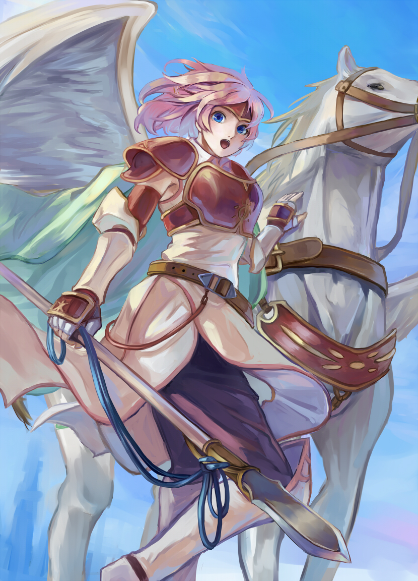 1girl :o armor belt blue_eyes breastplate cape elbow_gloves female_focus fire_emblem fire_emblem:_path_of_radiance fire_emblem:_radiant_dawn gloves horse mai_yukari marcia_(fire_emblem) nintendo open_mouth pegasus pegasus_knight_uniform_(fire_emblem) pink_hair polearm short_hair solo spear weapon