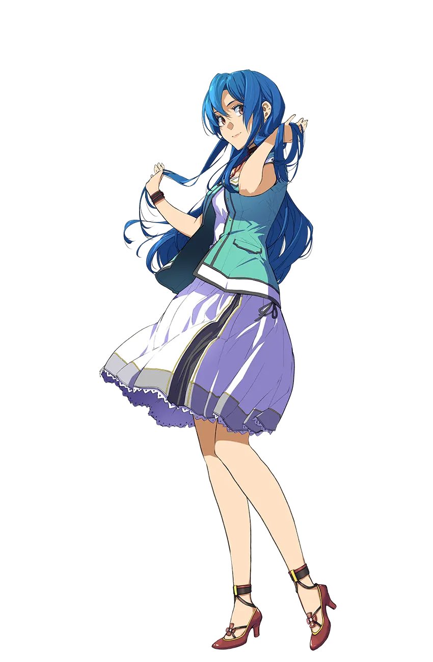 1girl blue_hair brown_footwear closed_mouth commentary dress eiyuu_densetsu enami_katsumi english_commentary full_body hair_between_eyes high_heels highres kai_no_kiseki kuro_no_kiseki_(series) long_hair looking_at_viewer nina_fenly official_art simple_background solo standing third-party_source white_background white_dress yellow_eyes
