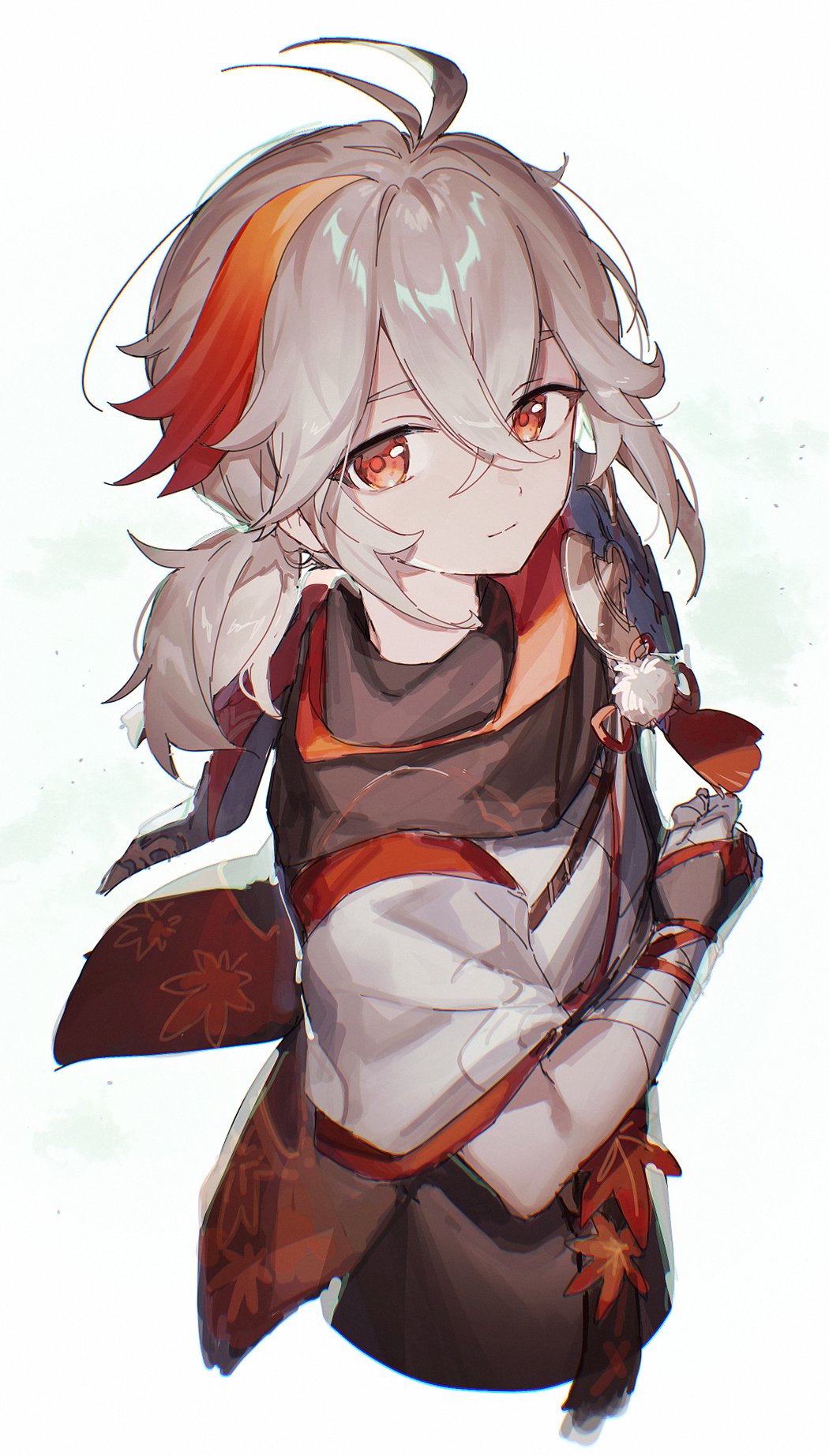 1boy antenna_hair bandaged_arm bandages closed_mouth crossed_bangs funa_(sakana) genshin_impact hair_between_eyes highres japanese_clothes kaedehara_kazuha leaf leaf_print long_hair looking_at_viewer low_ponytail male_focus maple_leaf_print multicolored_hair ponytail red_eyes red_hair short_sleeves simple_background solo streaked_hair white_background white_hair