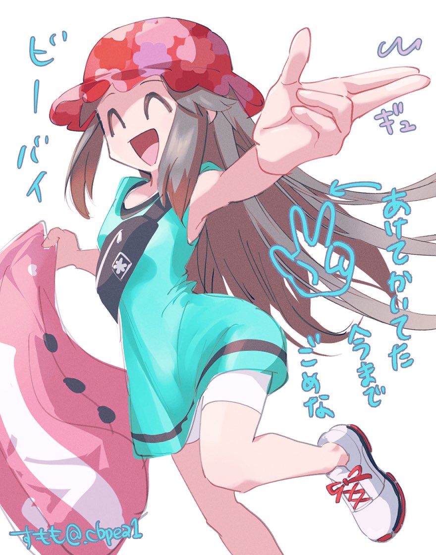 1girl :d ^_^ bike_shorts blue_dress brown_hair bucket_hat cbpea1 closed_eyes commentary_request dress hat leaf_(pokemon) leaf_(sygna_suit)_(pokemon) long_hair nintendo official_alternate_color open_mouth pointing pokemon pokemon_masters_ex red_hat short_dress shorts smile solo standing standing_on_one_leg translation_request white_shorts