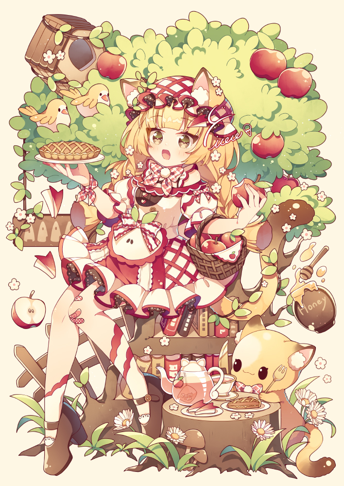 1girl :d animal_ear_fluff animal_ears apple bare_shoulders bird birdhouse blonde_hair blunt_bangs blush book bookshelf bow bowtie brown_eyes brown_shoes cat cat_ears cat_girl cat_tail commentary cup dress fence flower food fork fruit full_body grass high_heels holding holding_food holding_fork holding_fruit holding_knife holding_plate honey honey_dipper honeypot hyou_(pixiv3677917) knife long_hair mary_janes nail_polish off-shoulder_dress off_shoulder open_mouth original pie plaid_bow plate red_bow red_bowtie red_nails red_socks shoes short_sleeves signature sitting smile socks solo tail teacup teapot tree tree_stump two-tone_socks white_dress white_flower white_socks