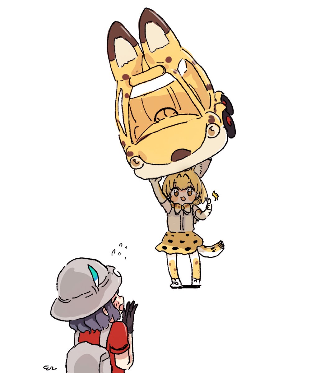 2girls animal_ears animal_print backpack bag bare_shoulders black_gloves blonde_hair blush bow bowtie elbow_gloves extra_ears flying_sweatdrops gloves hat_feather helmet high-waist_skirt highres japari_bus kaban_(kemono_friends) kemono_friends lifting_vehicle multiple_girls pith_helmet print_gloves print_legwear print_neckwear print_skirt red_shirt san_sami serval_(kemono_friends) serval_tail shirt skirt sleeveless t-shirt tail thighhighs traditional_bowtie two-tone_bow two-tone_bowtie white_shirt yellow_eyes