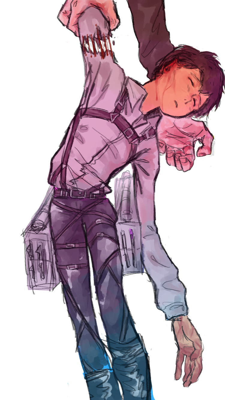 1boy amputee belt bertolt_hoover black_belt black_pants blood blood_on_face brown_hair chest_harness closed_eyes collared_shirt commentary_request feet_out_of_frame harness highres injury kaeu4582 leg_belt long_sleeves male_focus multiple_belts outstretched_arm pants parted_lips ripping shingeki_no_kyojin shirt shirt_tucked_in short_hair simple_background three-dimensional_maneuver_gear white_background white_shirt wing_collar