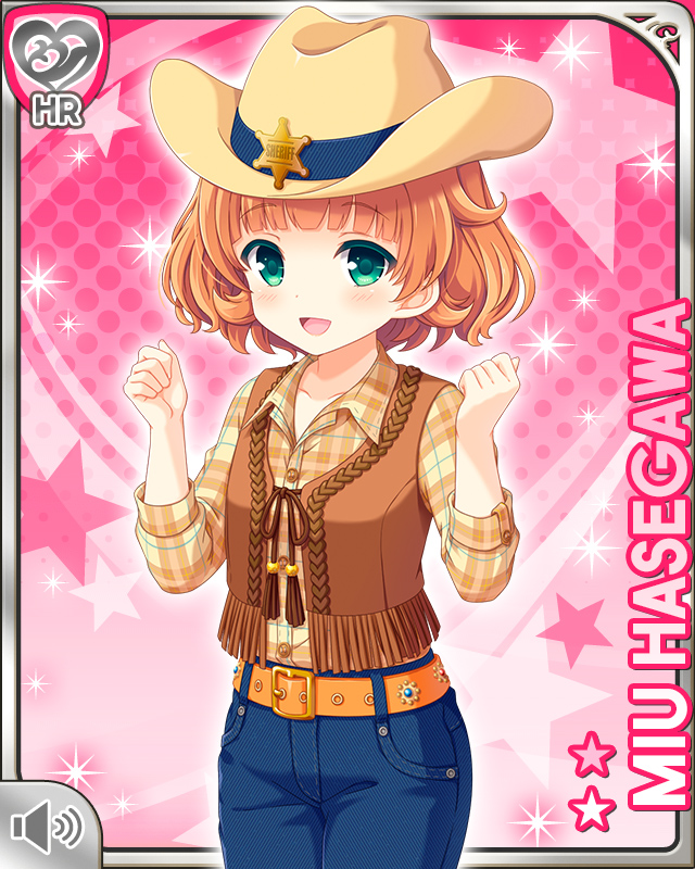 1girl :d blonde_hair bow brown_vest card_(medium) cowboy_clothes cowboy_hat denim girlfriend_(kari) green_eyes hasegawa_miu hat jeans looking_at_viewer official_art open_mouth pants pink_background qp:flapper shirt short_hair smile solo standing tagme vest yellow_shirt