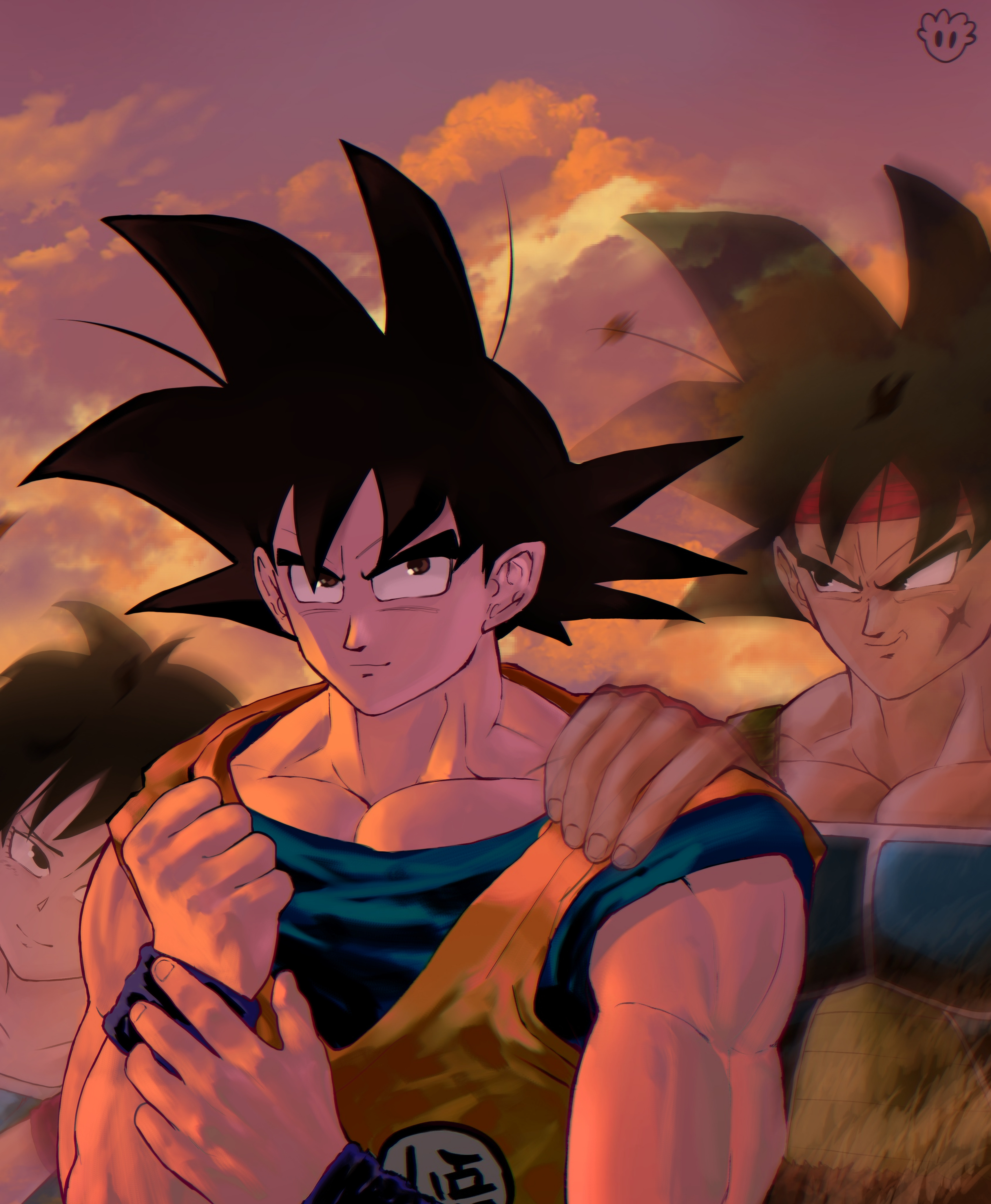 1girl 2boys absurdres bardock black_eyes black_hair cloud commentary cross_scar devovas dougi dragon_ball dragon_ball_minus dragonball_z english_commentary facial_scar fingerless_gloves ghost gine gloves hand_on_another's_shoulder headband highres multiple_boys muscular muscular_male pectoral_cleavage pectorals red_headband scar scar_on_cheek scar_on_face son_goku wristband