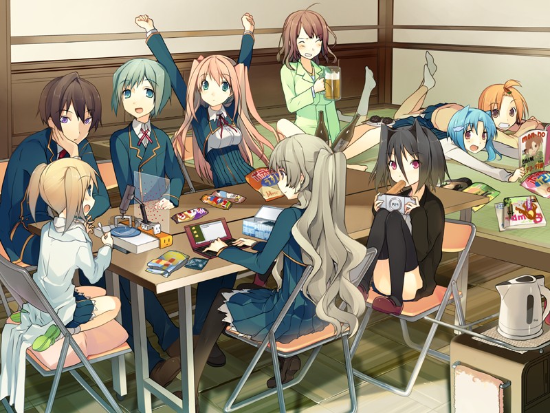 10s 1boy 6+girls akinashi_yuu alcohol arms_up beer black_hair black_legwear blue_eyes blue_hair blush bottle breasts brown_hair chair chips_(food) clenched_teeth closed_eyes drink feet food game_cg green_eyes green_hair grey_hair handheld_game_console happy harem kiba_mifuyu kneeling koi_to_senkyo_to_chocolate long_hair lying magazine_(object) morishita_michiru multiple_girls on_stomach open_mouth orange_hair pink_eyes playstation_portable purple_eyes red_eyes school_uniform shoes short_hair sitting smile socks sumiyoshi_chisato table teeth twintails