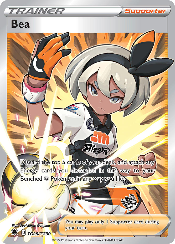 1girl :&lt; arm_up artist_name bea_(pokemon) black_bodysuit black_hairband bodysuit card_(medium) character_name clenched_hand closed_mouth company_name copyright_name copyright_notice dark-skinned_female dark_skin debris dynamax_band english_text eyelashes gloves grey_eyes grey_hair gunjima_souichirou hairband nintendo official_art open_poke_ball partially_fingerless_gloves poke_ball pokemon pokemon_card pokemon_swsh pokemon_tcg shirt short_hair short_sleeves shorts single_glove solo thick_eyebrows third-party_source trading_card ultra_ball white_shirt white_shorts