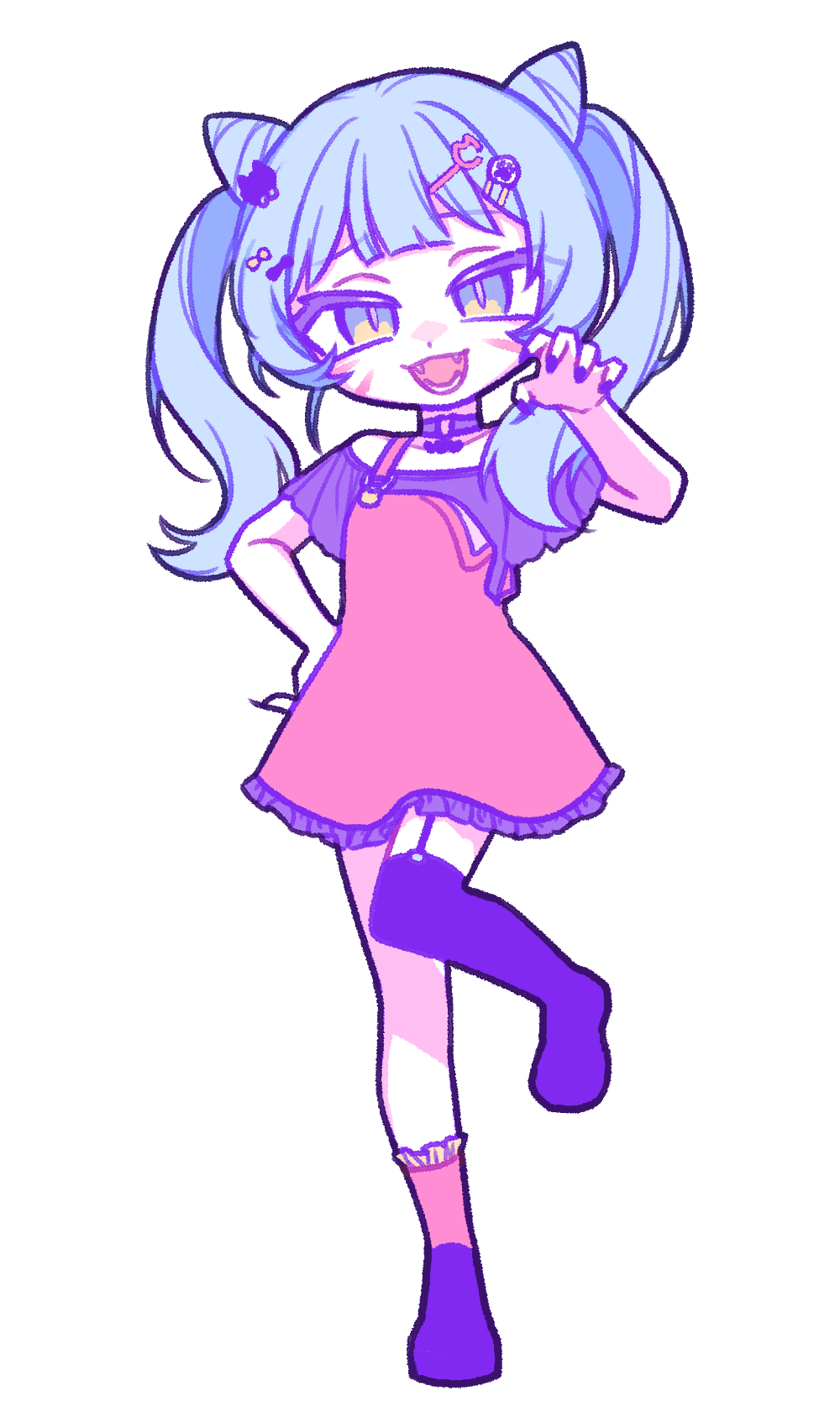 1girl :3 :d alternate_color analogous_colors animal_(vocaloid) asymmetrical_footwear black_choker black_shirt blue_eyes blue_hair bow cat_hair_ornament choker claw_pose colored_lineart colored_skin cone_hair_bun deformed dot_nose double_bun dress facial_mark fangs full_body hair_bow hair_bun hair_ornament hand_on_own_hip hatsune_miku head_tilt highres knee_up knees_together_feet_apart legwear_garter long_hair looking_at_viewer mismatched_footwear multicolored_eyes nya_tatabi off-shoulder_shirt off_shoulder official_alternate_costume open_mouth palmar_flexion paw_hair_ornament pinafore_dress pink_dress pink_socks pleated_sleeves purple_nails purple_socks raised_eyebrow saturated shirt short_sleeves simple_background single_strap sleeveless sleeveless_dress smile socks solo standing standing_on_one_leg tachi-e teeth tsurime twintails two-tone_eyes whisker_markings white_background white_skin wide_sleeves yellow_eyes