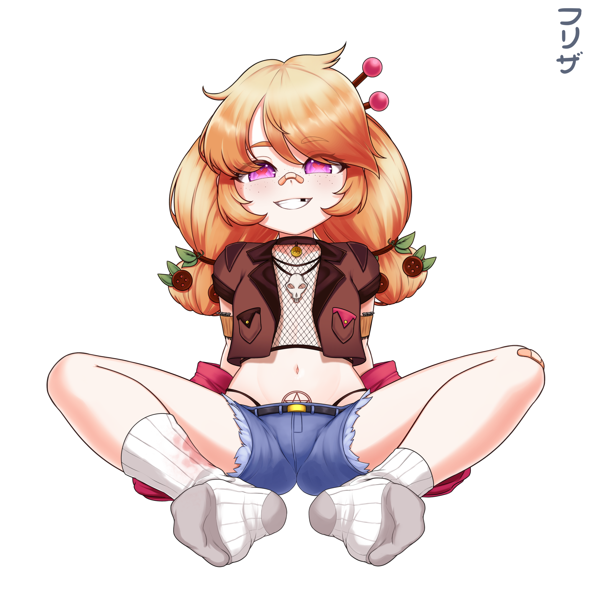 1girl bandaid bandaid_on_face bandaid_on_knee bandaid_on_leg bandaid_on_nose belt black_belt black_panties blonde_hair blue_shorts brown_vest button_hair_ornament commentary cropped_vest denim denim_shorts efreezerarts english_commentary feet fishnet_top fishnets freckles full_body grin highres immy_bisou jacket jewelry long_hair looking_at_viewer nail_(hardware) navel necklace no_shoes open_clothes open_mouth open_vest panties panty_straps pentagram_tattoo pink_jacket pink_pupils pubic_tattoo purple_eyes short_sleeves shorts simple_background sitting skull_necklace smile socks solo spread_legs symbol-shaped_pupils tattoo teeth tooth_gap twintails underwear vallure vest virtual_youtuber white_background white_socks x-shaped_pupils