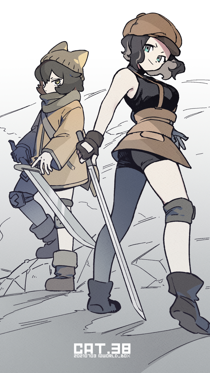 1boy 1girl black_footwear black_gloves black_shirt blue_hair boots brown_headwear fingerless_gloves gloves hat highres holding holding_sword holding_weapon long_sleeves looking_at_viewer sansan_(the_legend_of_luoxiaohei) shirt sleeveless sleeveless_shirt standing suspenders sword luo_xiaohei_zhanji vox weapon xiaorui_(the_legend_of_luoxiaohei)