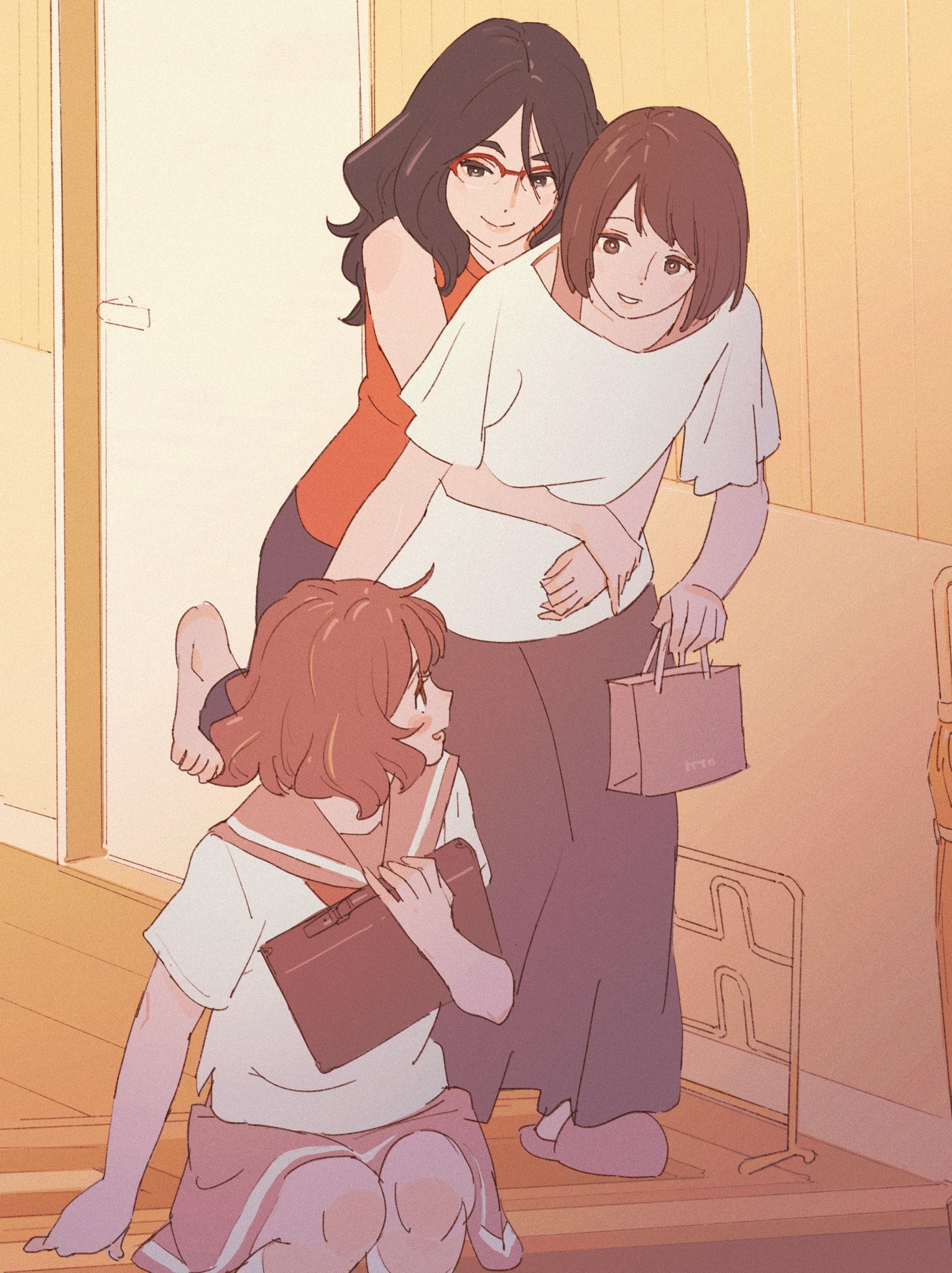 3girls 55bata6rou bag barefoot black_hair black_pants brown_bag brown_eyes brown_hair brown_skirt closed_mouth door entrance glasses hibike!_euphonium highres holding holding_bag hug hug_from_behind indoors kitauji_high_school_uniform leaning_forward long_hair looking_at_another multiple_girls nakaseko_kaori orange_shirt oumae_kumiko over-rim_eyewear pants pleated_skirt red-framed_eyewear sailor_collar school_uniform semi-rimless_eyewear shirt short_hair short_sleeves sitting skirt slippers smile standing standing_on_one_leg summer_uniform tanaka_asuka white_shirt