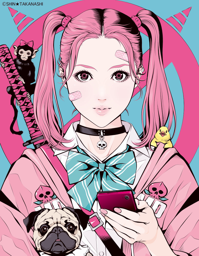 1girl animal animal_on_shoulder aqua_background aqua_bow aqua_bowtie artist_name bandaid bandaid_on_cheek bandaid_on_face bandaid_on_forehead bird bird_on_shoulder black_collar bow bowtie closed_mouth collar collared_shirt commentary_request diagonal-striped_bow diagonal-striped_bowtie diagonal-striped_clothes dog eyelashes eyeshadow holding holding_phone jacket looking_at_viewer makeup medium_hair monkey open_clothes open_jacket original phone pink_eyes pink_hair pink_jacket pink_lips pink_nails pink_scrunchie pug scrunchie shirt skull_ornament solo spot_color striped_clothes sword sword_on_back takanashi_shin twintails upper_body weapon weapon_on_back white_shirt
