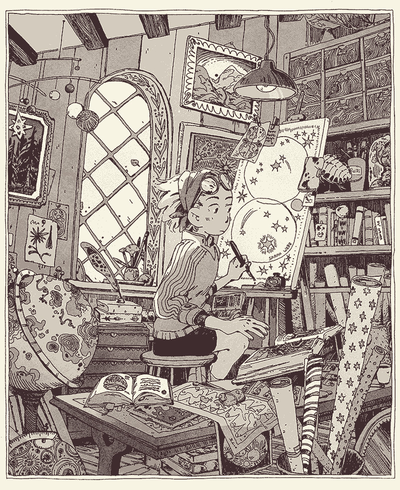 1girl artist_name bell_jar black_skirt book book_stack bookshelf border canvas_(object) celestial_globe closed_mouth commentary crate cup drawing_(action) drawing_(object) easel english_commentary eyewear_on_head giant_isopod glasses globe greyscale headscarf holding holding_pen inkwell lattice map monochrome on_stool open_book original pen picture_frame quill reading sarah_webb shirt short_hair sitting skirt solo star_(symbol) table white_border window wooden_floor wrapping_paper