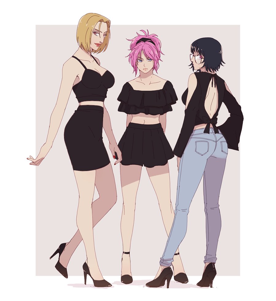 3girls aquiline_nose back_cutout black_camisole black_hair black_skirt blonde_hair blue_pants breasts camisole cleavage clothing_cutout collarbone commentary crop_top denim frilled_shirt frills frown glasses hanpetos high-waist_skirt high_heels hunter_x_hunter jeans machi_komacine medium_breasts medium_hair midriff miniskirt multiple_girls navel nose pakunoda pants pencil_skirt pink_hair ponytail purple_eyes red_eyes red_lips shirt shizuku_murasaki shoulder_cutout skirt smile symbol-only_commentary wide_sleeves