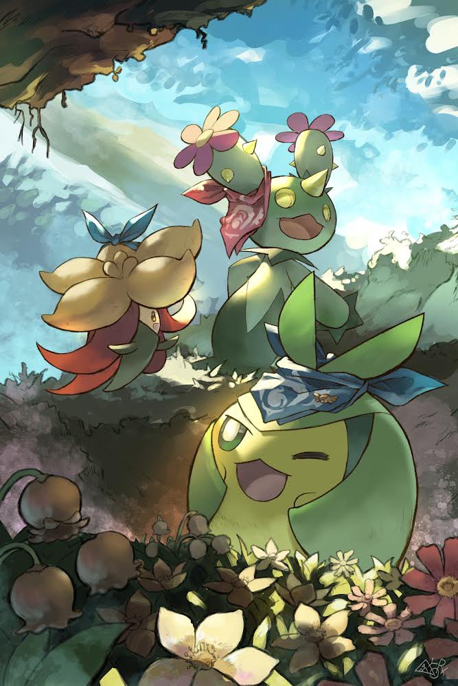 bandana blue_bandana blue_sky flower gen_5_pokemon gen_8_pokemon gossifleur maractus nintendo no_humans one_eye_closed open_mouth outdoors plant plant_monster pokemon pokemon_(creature) pokemon_mystery_dungeon red_bandana red_flower sky swadloon yamaori_(hakkentai_pokedan) yellow_flower