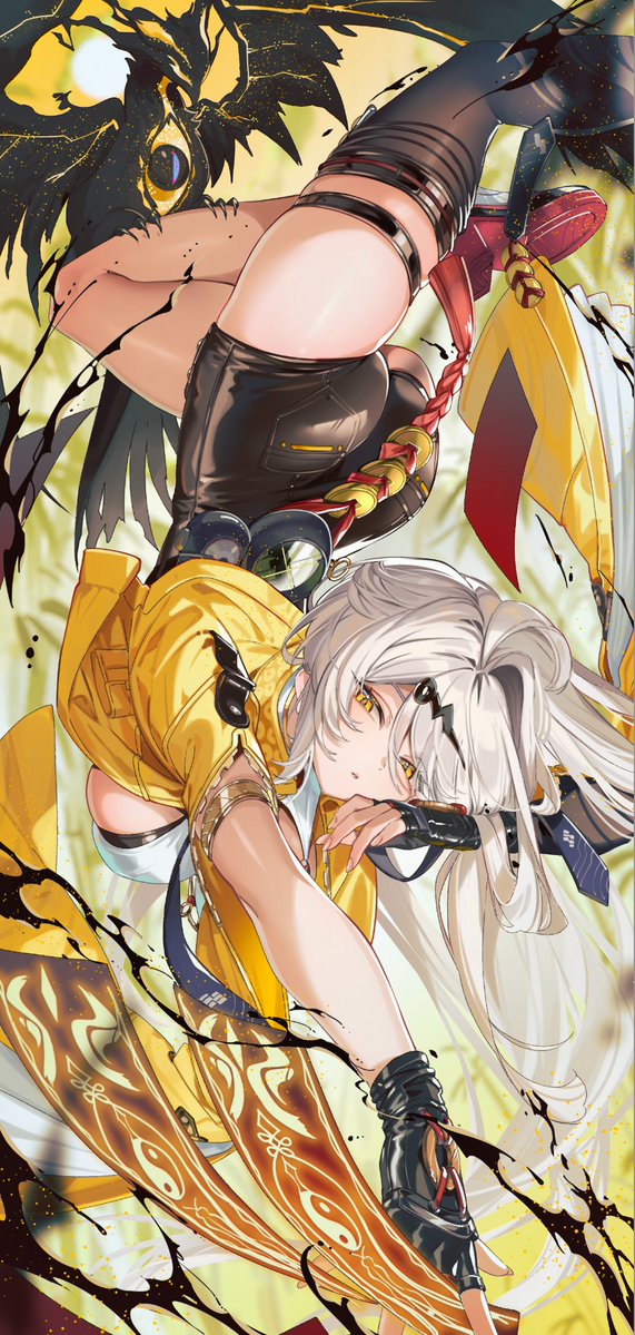 1girl asymmetrical_gloves bird black_bird black_shorts black_thighhighs breasts commentary_request gloves grey_hair guest_art hair_ornament high-waist_shorts jacket large_breasts long_hair looking_at_viewer midair shorts shuri_(84k) sideboob single_thighhigh solo thighhighs thighs uneven_gloves upside-down yellow_eyes yellow_jacket yixuan_(zenless_zone_zero) yin_yang_pin zenless_zone_zero