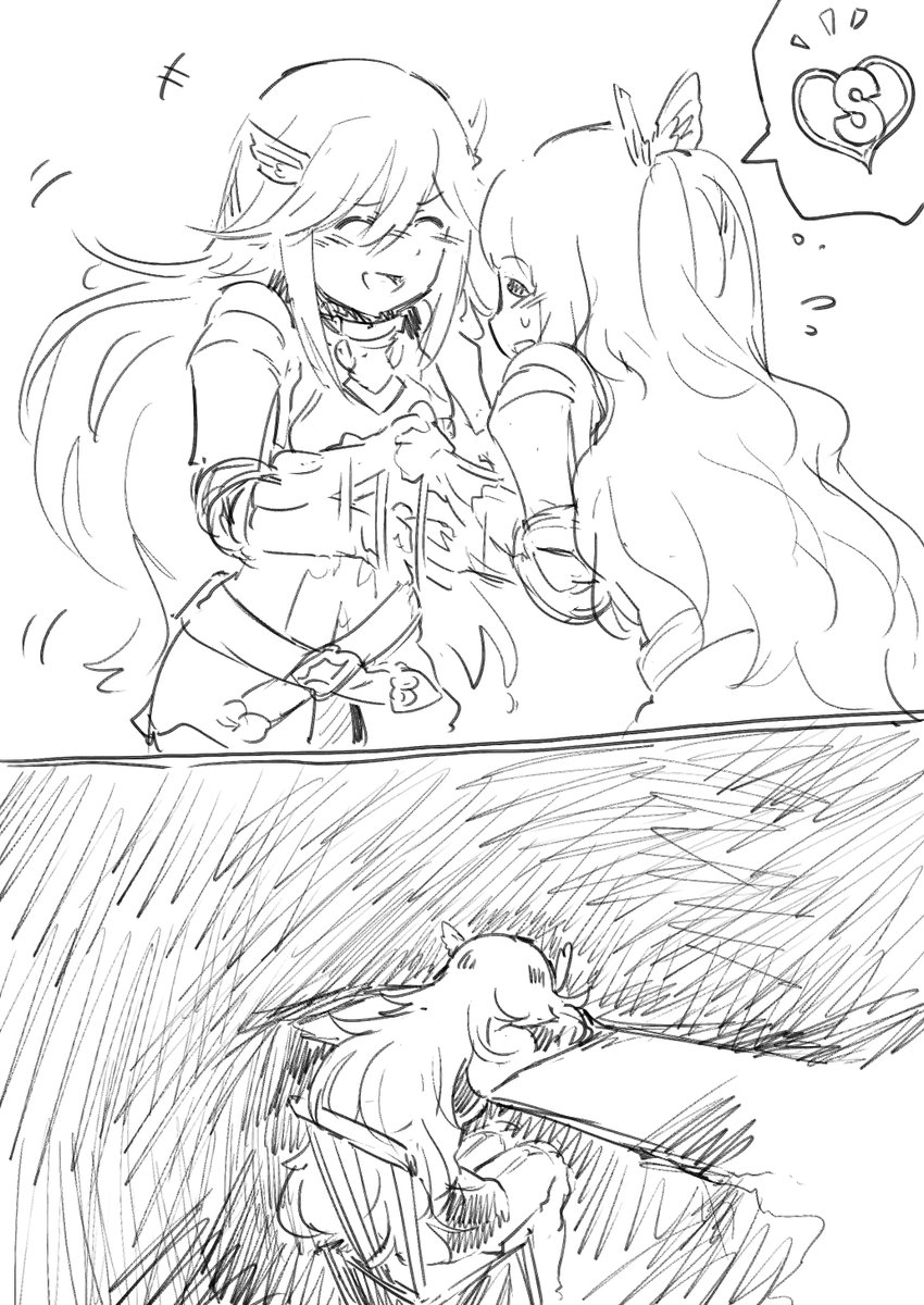 2girls armor blush chair cordelia_(fire_emblem) depressed desk dress fire_emblem fire_emblem_awakening gauntlets gloom_(expression) gloves hair_ornament hand_on_own_knee happy head head_down highres holding long_hair looking_at_viewer multiple_girls nintendo sad sekaihebi sketch smile sumia_(fire_emblem) very_long_hair winged_hair_ornament