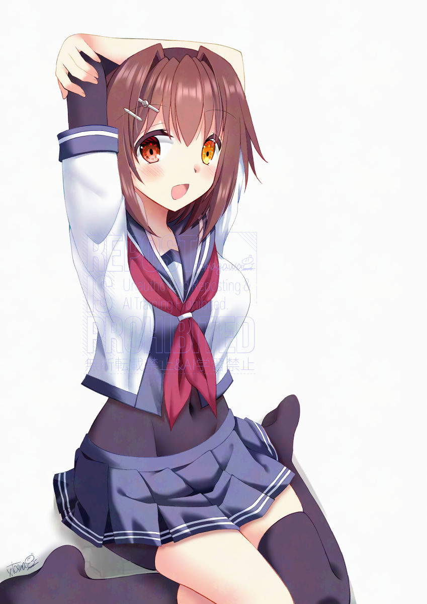 1girl arms_behind_head asymmetrical_bodysuit asymmetrical_legwear black_bodysuit black_thighhighs blue_sailor_collar blue_skirt bodysuit brown_hair covered_navel elbow_gloves furutaka_(kancolle) furutaka_kai_ni_(kancolle) gloves hair_ornament hairclip heterochromia highres kantai_collection midriff neckerchief orange_eyes red_neckerchief sailor_collar school_uniform serafuku short_hair simple_background single_elbow_glove single_thighhigh sitting skirt solo tamagawa_yukimaru thighhighs uneven_legwear wariza white_background