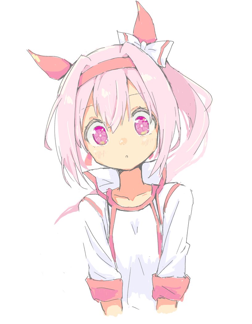 10011018 1girl animal_ears blush bow commentary_request cropped_torso ear_covers flower-shaped_pupils gym_uniform hair_between_eyes haru_urara_(umamusume) headband horse_ears horse_girl long_hair looking_at_viewer pink_eyes pink_hair red_headband shirt simple_background solo symbol-shaped_pupils umamusume upper_body white_background white_bow white_shirt