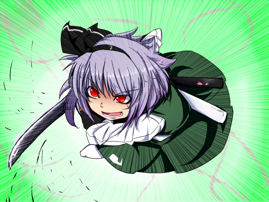 1girl alternate_eye_color attack green_background grey_hair holding holding_sword holding_weapon katana konpaku_youmu medium_hair mengnaidu red_eyes sheath shirt short_hair solo sword touhou unsheathed weapon white_shirt