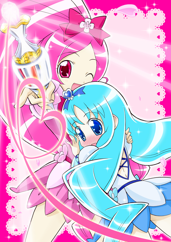 10s 2girls :d blue_eyes blue_hair blue_skirt blush bow cure_blossom cure_marine dress eyelashes flower flower_tact hair_ornament hairpin hanasaki_tsubomi happy heart heartcatch_precure! high_ponytail kurumi_erika lace long_hair magic magical_girl multiple_girls one_eye_closed open_mouth petals pink_bow pink_eyes pink_hair pink_skirt pointing ponytail precure ribbon skirt smile surprised two-tone_background wand wink wrist_cuffs yuuma_(artist) yuuma_(skirthike)
