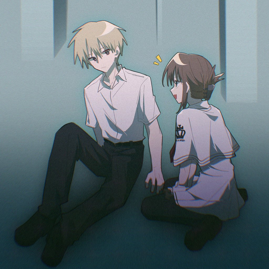 1boy 1girl :/ :d black_pants black_thighhighs brown_hair capelet closed_mouth collared_shirt commentary crown_print eye_contact fang film_grain folded_ponytail full_body hair_between_eyes hashtag-only_commentary indoors knees_apart_feet_together leaning_forward light_brown_hair looking_at_another mamiya_takuji medium_hair miniskirt notice_lines open_mouth pants school_uniform shirt short_hair short_sleeves sitting skin_fang skirt smile spiked_hair subarashiki_hibi szhr_chise tachibana_kimika thighhighs v-shaped_eyebrows wariza white_capelet white_shirt white_skirt