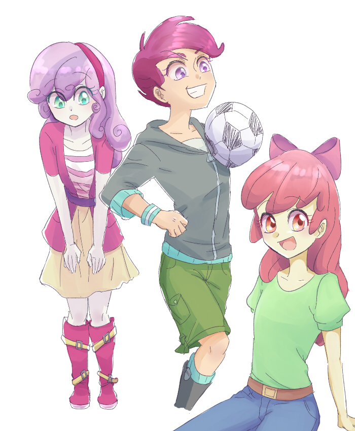 3girls apple_bloom apple_bloom_(equestria_girls) ball belt bow brown_belt collarbone commentary_request denim green_shirt green_shorts grin hair_bow headband humanization jeans long_hair multiple_girls my_little_pony my_little_pony:_equestria_girls my_little_pony:_friendship_is_magic open_mouth pants red_hair scootaloo scootaloo_(equestria_girls) shirt shorts simple_background skirt smile soccer_ball sweetie_belle sweetie_belle_(equestria_girls) uncosu white_background yellow_skirt zipper