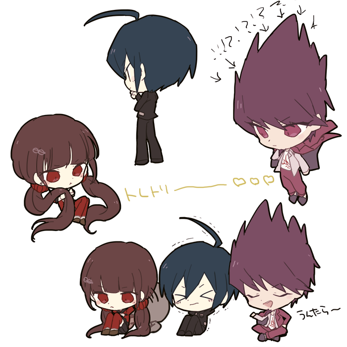 !? &gt;_&lt; 1girl 2boys :&lt; absurdly_long_hair against_rock ahoge arms_behind_head arrow_(symbol) big_hair black_footwear black_jacket black_pants black_sailor_collar black_skirt blue_hair blunt_bangs boots brown_footwear brown_hair closed_eyes closed_mouth coat coat_partially_removed collared_jacket commentary_request crossed_ankles crossed_arms danganronpa_(series) danganronpa_v3:_killing_harmony earrings expressionless eyelashes facial_hair from_behind goatee grey_jacket hair_ornament hairclip hand_on_own_chin hand_on_own_hip harukawa_maki holding holding_coat holding_own_hair holding_unworn_clothes infinity_symbol jacket jewelry knees_up lapels light_frown long_hair long_sleeves low_twintails miniskirt mole mole_under_eye momota_kaito multiple_boys multiple_views nervous notched_lapels open_clothes open_jacket open_mouth pale_skin pants pink_coat pink_eyes pink_pants pleated_skirt pocket purple_coat purple_footwear purple_hair red_eyes red_shirt red_thighhighs ruri_(2620981) saihara_shuichi sailor_collar school_uniform serafuku shirt shoes simple_background sitting skirt slippers smile spiked standing stud_earrings teeth thighhighs thinking translation_request trembling twintails two-sided_coat two-sided_fabric unworn_coat upper_teeth_only very_long_hair white_background white_shirt