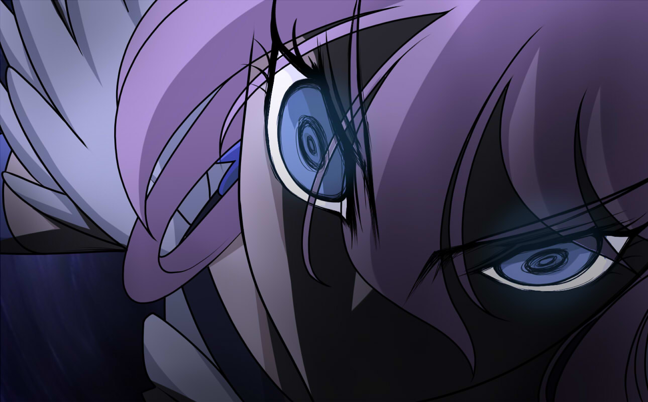 1girl blue_eyes casshern_(series) casshern_sins close-up commentary_request cure_moonlight hair_between_eyes heartcatch_precure! kouji14 long_bangs long_hair looking_at_viewer no_mouth parody precure purple_hair ringed_eyes shaded_face shirt solo style_parody tsukikage_yuri white_shirt