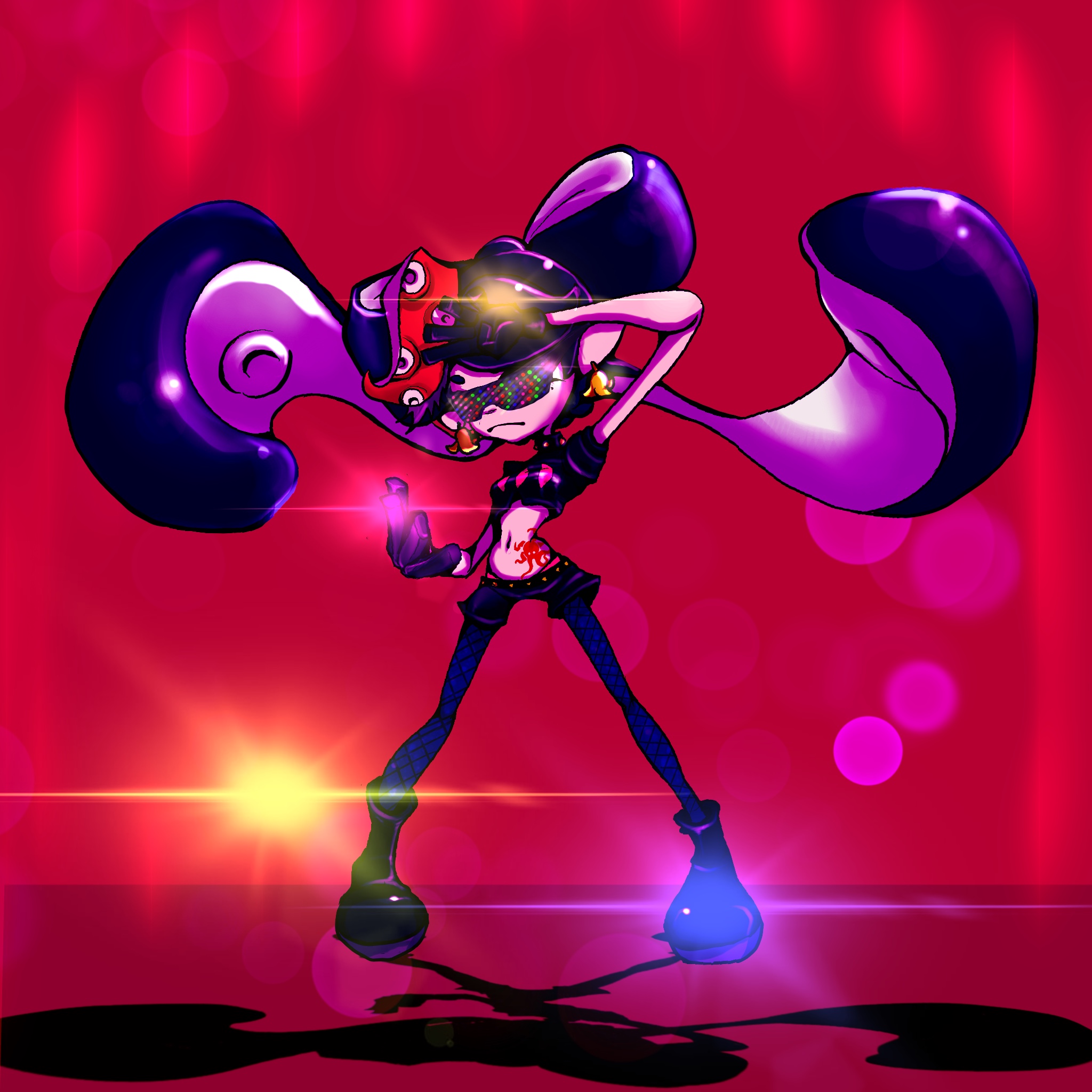 ankle_boots belt black_gloves black_hair black_shirt black_shorts boots bow bow-shaped_hair callie_(octo_idol_outfit)_(splatoon) callie_(splatoon) closed_mouth collar cowlick crop_top earrings fangs fish_(food) food food_on_head frown gloves gold_earrings hand_up hat highres hitsuji_(pixiv2228990) hypnoshades_(splatoon) jewelry legs_apart lens_flare long_hair long_pointy_ears midriff mole mole_under_eye multicolored_hair navel nintendo object_on_head octopus_sashimi octopus_sausage_earrings octopus_tattoo official_alternate_costume padded_shoulders pale_skin panties panty_straps pantyhose pink_hat pink_leaf pink_panties pink_shiso_leaf pointy_ears puffy_short_sleeves puffy_sleeves purple_pantyhose red_background red_tattoo sashimi saturated sequins shirt shoes short_eyebrows short_shorts short_sleeves shorts simple_background spiked_collar spiked_waistband spikes splatoon_(series) splatoon_2 standing stomach_tattoo studded_belt studded_collar suction_cups sunglasses swept_bangs tattoo tentacle_hair thick_eyebrows twintails underwear very_long_hair