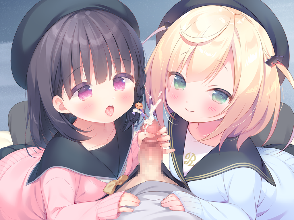 1boy 2girls bat_hair_ornament black_hair blonde_hair blue_cardigan blush braid bulge cardigan censored closed_mouth cum ejaculation erection ffm_threesome game_cg green_eyes group_sex hair_ornament handjob hat hetero kazari_(mainichi_kiss_shite_lolita) large_variant_set loli looking_at_viewer mainichi_kiss_shite_lolita mihato_(mainichi_kiss_shite_lolita) mosaic_censoring multiple_girls non-web_source open_mouth penis pink_cardigan pink_eyes piyodera_mucha pov sailor_collar side_braid smile threesome tongue tongue_out two_side_up usashiro_mani variant_set