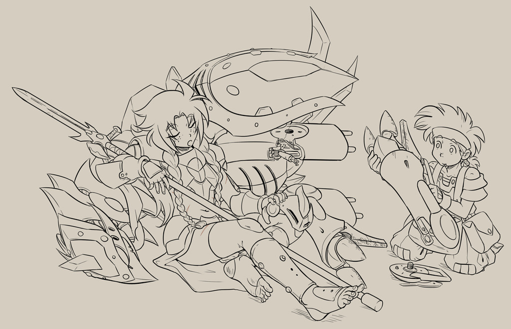 1boy 1girl :o armor braid closed_eyes commentary darenn dirty dirty_feet english_commentary fantasy feet fingerless_gloves freckles gloves greyscale helmet holding holding_polearm holding_weapon leaning_back les_chevaucheurs lineart long_hair maintenance maxa&#039; mecha messy_hair midriff monochrome open_mouth phenice_walholl polearm raised_eyebrows robot shin_guards sitting sleeping soles spear spiked_hair toeless_legwear toenails toes unworn_headwear unworn_helmet wariza weapon white_background