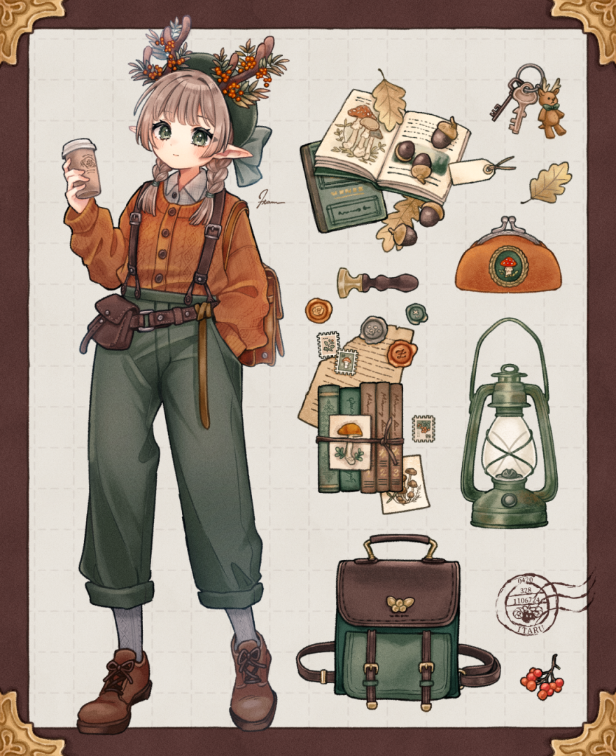 1girl antlers backpack bag beret blunt_bangs blush book border brown_hair brown_shoes cardigan charm_(object) closed_mouth collared_shirt cup eyelashes full_body green_eyes green_hat green_pants hair_intakes hand_in_pocket hat holding holding_cup horns key leaf long_sleeves looking_at_viewer mushroom open_book orange_cardigan original outside_border pants paper pointy_ears shirt shoes socks solo standing taruchi_sucre wax_seal white_shirt