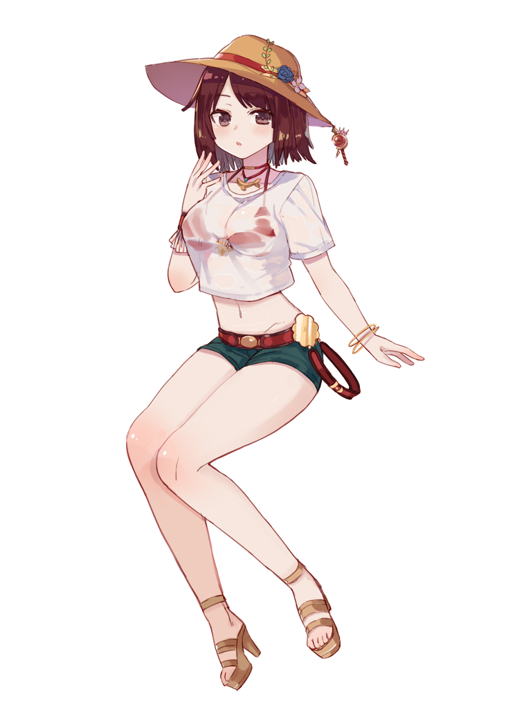 1girl atelier_(series) atelier_sophie bangle belt bikini bikini_top_only bikini_under_clothes blue_flower blue_rose blush bracelet breasts brown_eyes brown_hair cleavage crop_top cropped_shirt dolphin_pendant female_focus flower full_body hair_flower hair_ornament hand_up hat high_heels jewelry knee_blush knees_together_feet_apart medium_breasts midriff navel necklace pendant red_bikini rose ryuuno6 see-through_clothes shirt short_hair short_shorts short_sleeves shorts simple_background sitting solo sophie_neuenmuller stomach strappy_heels sun_hat swimsuit underwear wet wet_clothes wet_shirt white_background white_shirt