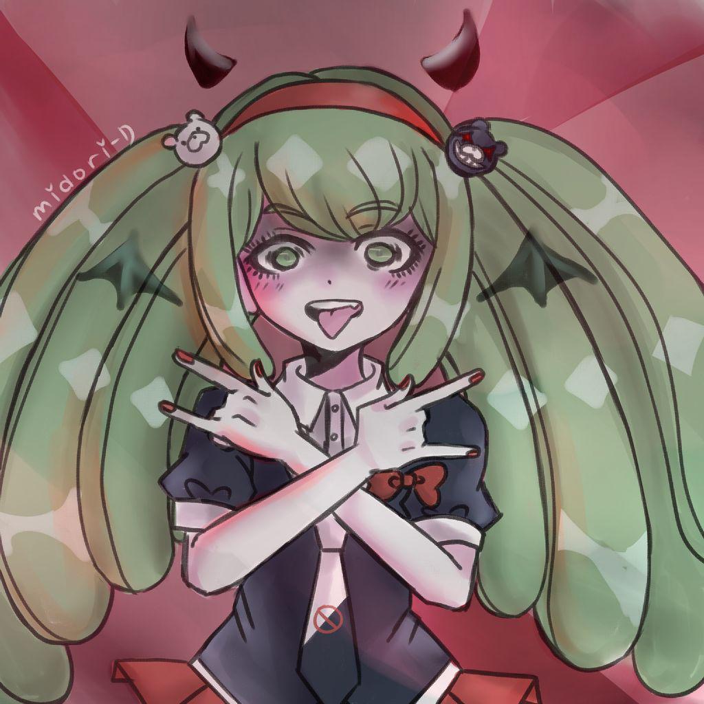 1girl artist_name bat_wings bear_hair_ornament black_shirt blush child cosplay danganronpa_(series) danganronpa_3_(anime) danganronpa_another_episode:_ultra_despair_girls enoshima_junko enoshima_junko_(cosplay) eyebrows eyelashes female_focus fingernails green_eyes green_hair hair_ornament hairband headband horns looking_at_viewer m/ matching_hair/eyes midori-d nail_polish necktie pleated_skirt red_hairband red_headband red_nails red_skirt shirt short_sleeves signature simple_background skirt solo teeth tongue tongue_out towa_monaca twintails upper_teeth_only wings
