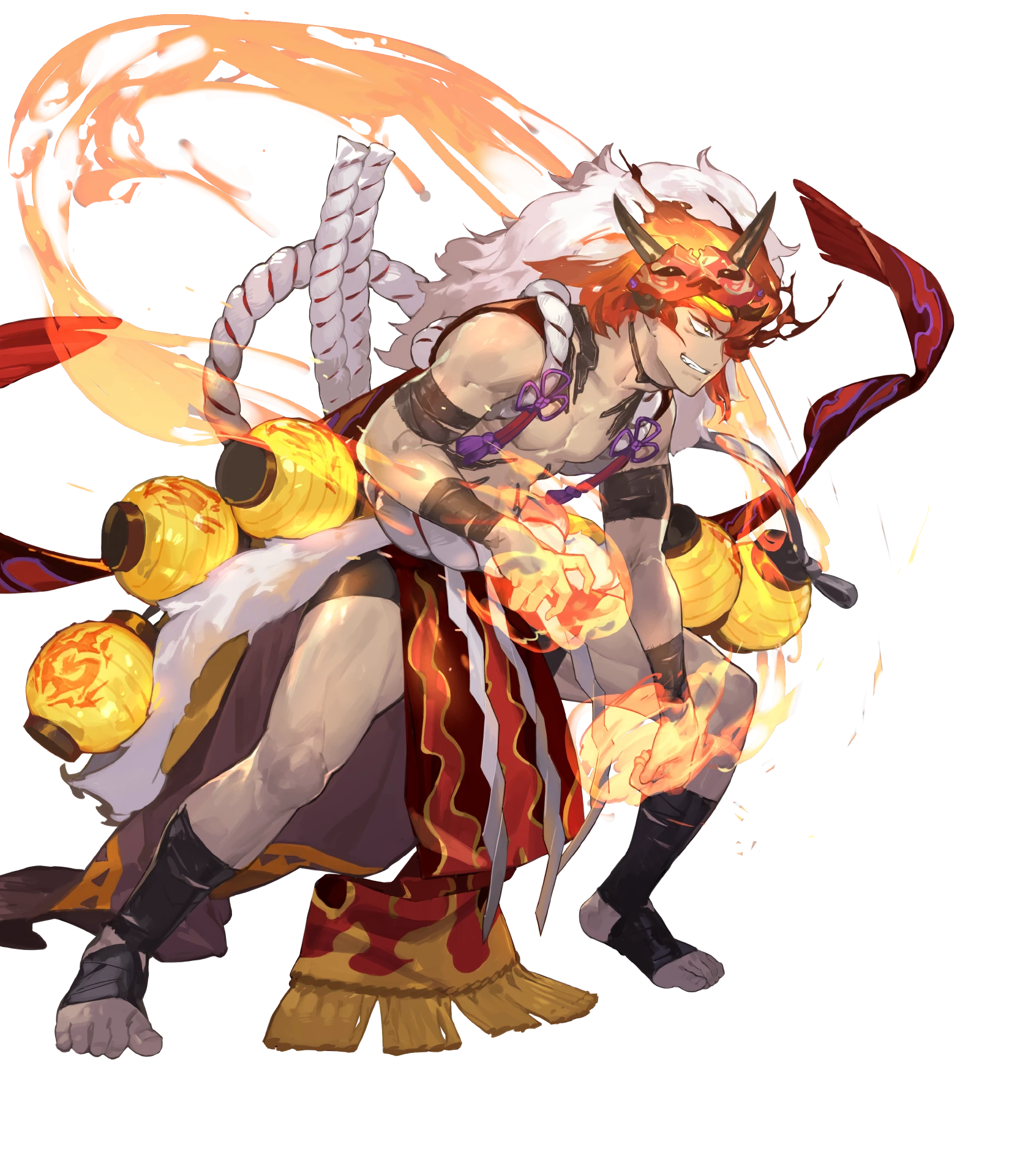 1boy abs attack bara body_markings dark-skinned_male dark_skin dragon_mask fake_hair fire_emblem fire_emblem_heroes flaming_hand grin hair_over_one_eye highres muscular muscular_male muspell_(fire_emblem) muspell_(flame)_(fire_emblem) nintendo non-web_source official_alternate_costume official_art orange_hair pelvic_curtain red_eyes shawl smile solo sumo