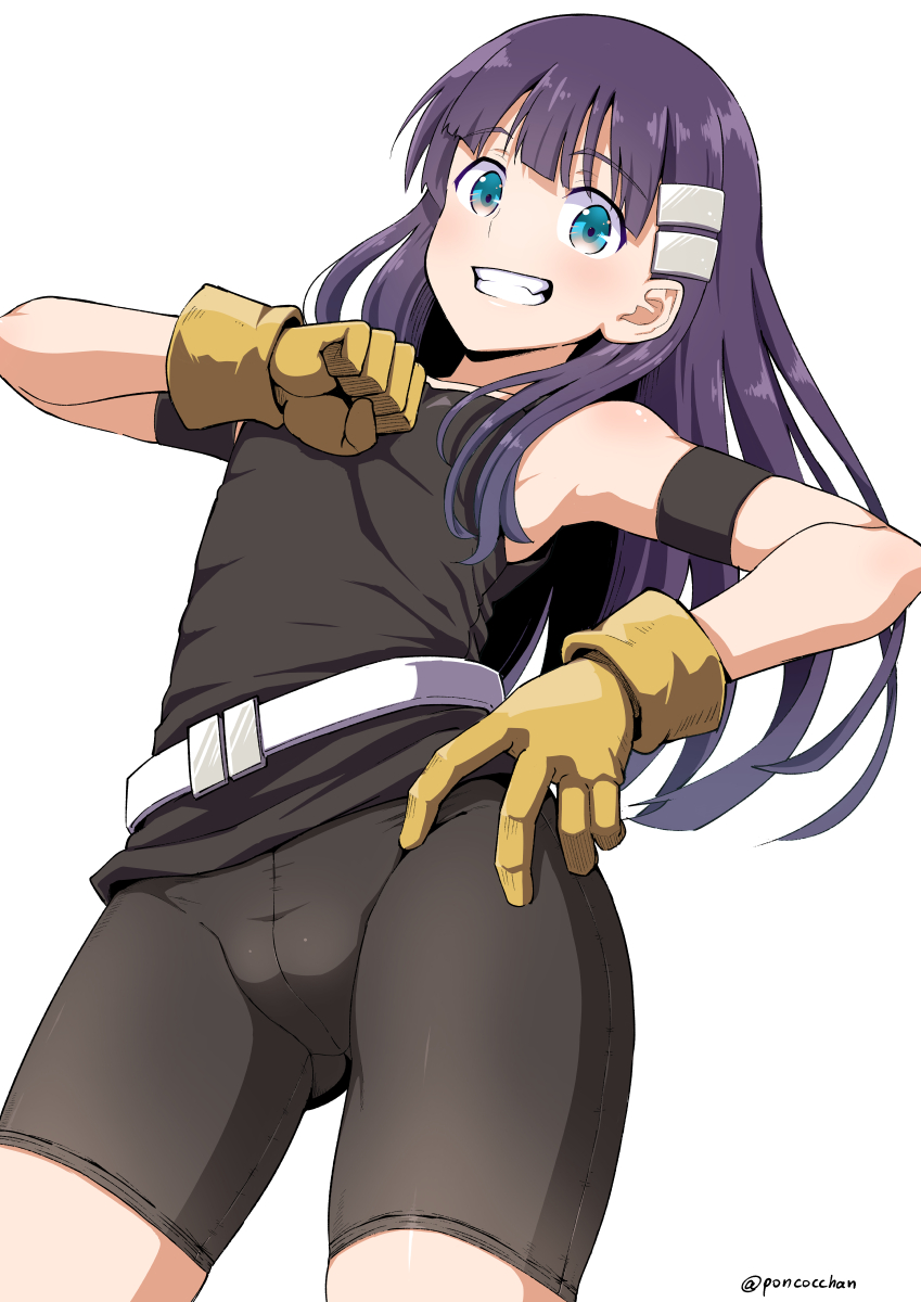1girl bike_shorts blue_eyes closed_mouth fang gloves hair_ornament highres kiyal_bachika long_hair looking_at_viewer poncocchan purple_hair simple_background smile solo standing tengen_toppa_gurren_lagann white_background yellow_gloves