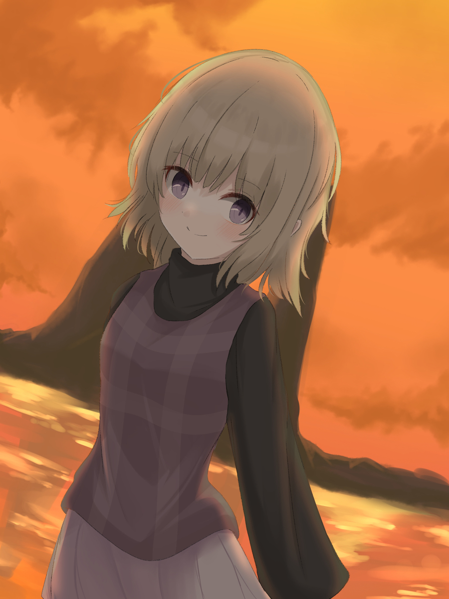 1girl blonde_hair closed_mouth highres long_sleeves looking_at_viewer medium_hair mitarashi_dayo orange_sky purple_eyes skirt sky smile standing sweater urotsuki yume_2kki