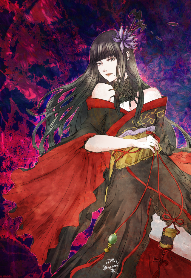 1girl abstract_background artist_name bare_shoulders bat_hair_ornament black_collar black_hair black_kimono blunt_bangs collar copyright_name cowboy_shot epiphyllum expressionless final_fantasy final_fantasy_xiv floating_hair flower grey_eyes hair_flower hair_ornament hair_stick hyur inrou japanese_clothes kimono lace_collar long_hair looking_at_viewer mole mole_under_mouth obi obiage obijime off_shoulder outline pink_background pink_outline red_trim ruka_(blueplus84) sash signature solo straight_hair two-tone_background yotsuyu_goe_brutus