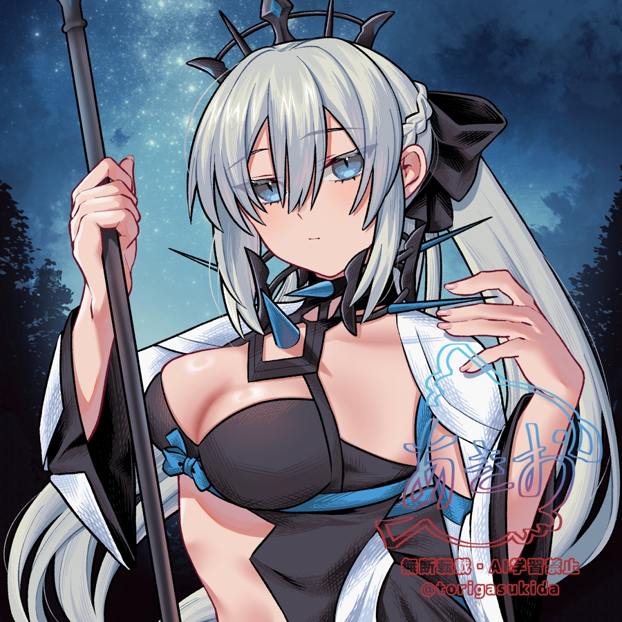 1girl akio_(akio1124) black_bow black_dress blue_eyes blush bow braid breasts center_opening cleavage dress fate/grand_order fate_(series) grey_hair hair_bow large_breasts long_hair long_sleeves looking_at_viewer morgan_le_fay_(fate) morgan_le_fay_(third_ascension)_(fate) navel night night_sky ponytail sidelocks sky solo spikes staff tiara two-tone_dress very_long_hair white_dress wide_sleeves
