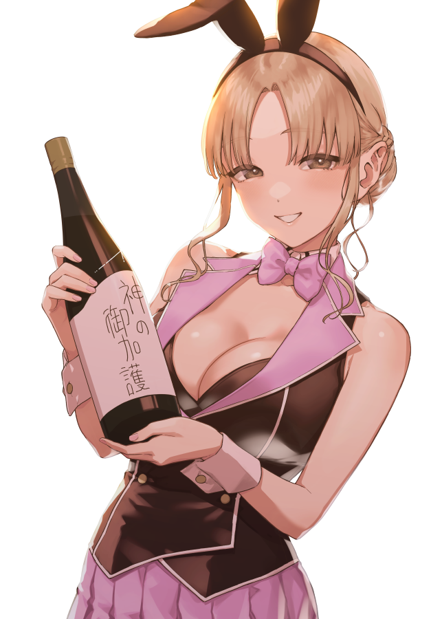 1girl animal_ears backlighting bottle bow bowtie breasts brown_eyes bunny_garden cleavage commentary_request detached_collar fake_animal_ears fingernails glint grin herio holding holding_bottle hostess large_breasts light_brown_hair looking_at_viewer nijisanji nontraditional_playboy_bunny parody parted_lips pink_bow pink_bowtie pink_nails pink_skirt rabbit_ears sake_bottle shirt sister_claire skirt sleeveless sleeveless_shirt smile solo translation_request transparent_background upper_body virtual_youtuber wrist_cuffs