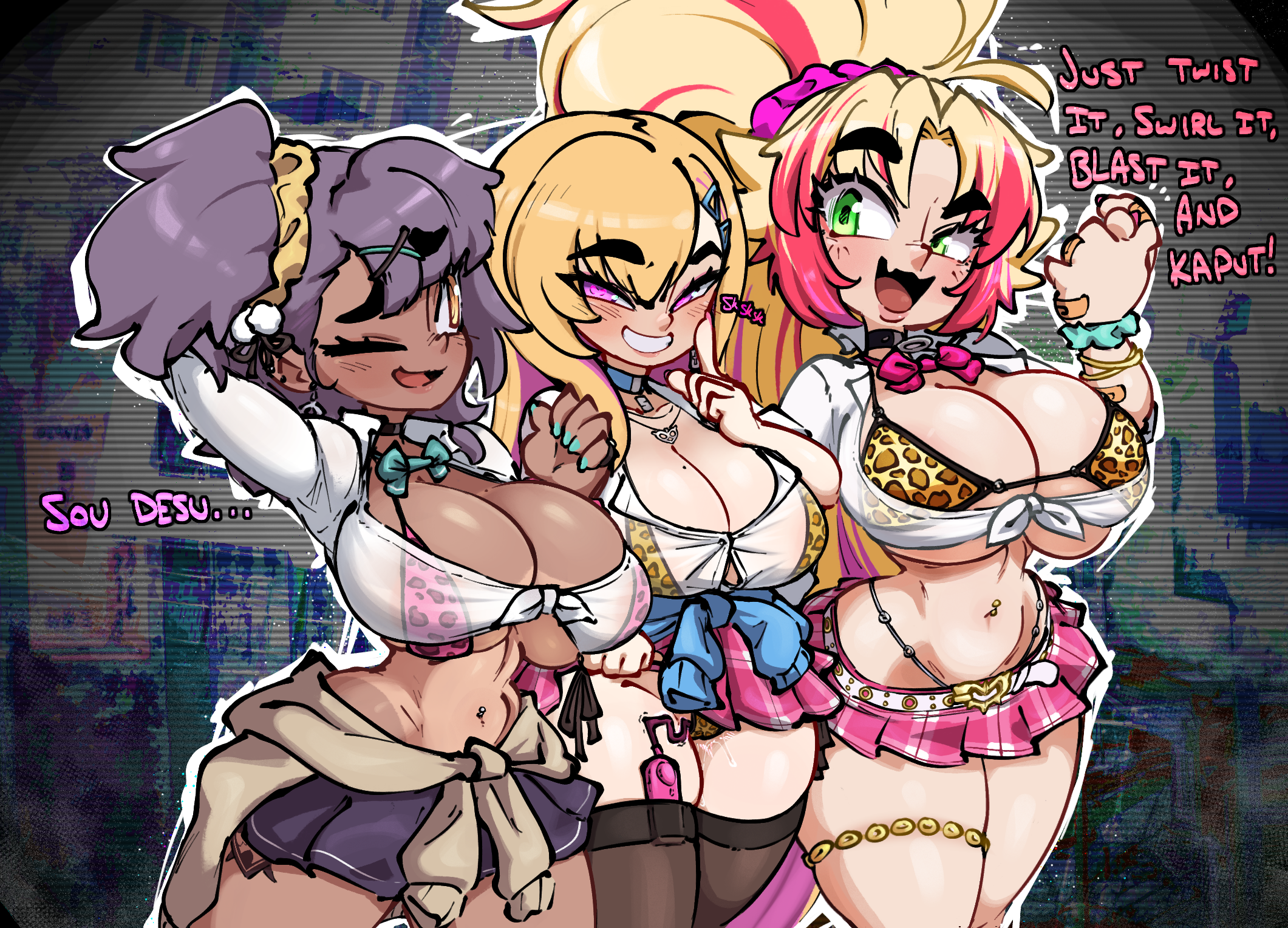 3girls animal_print bandaid barbariana_(last_origin) barbariana_(naughty_gal_barbariana-san)_(last_origin) blonde_hair boryeon_(last_origin) breasts clothes_around_waist cowboy_shot dark-skinned_female dark_skin discreet_vibrator green_eyes green_nails grin gyaru highres jellot large_breasts last_origin leopard_print multiple_girls navel_piercing one_eye_closed open_mouth piercing pink_eyes ponytail purple_hair quick_camel scrunchie sex_toy shirt skirt smile sweater sweater_around_waist thick_thighs thigh_strap thighhighs thighs tied_shirt vibrator vibrator_in_thighhighs wide_hips wrist_scrunchie