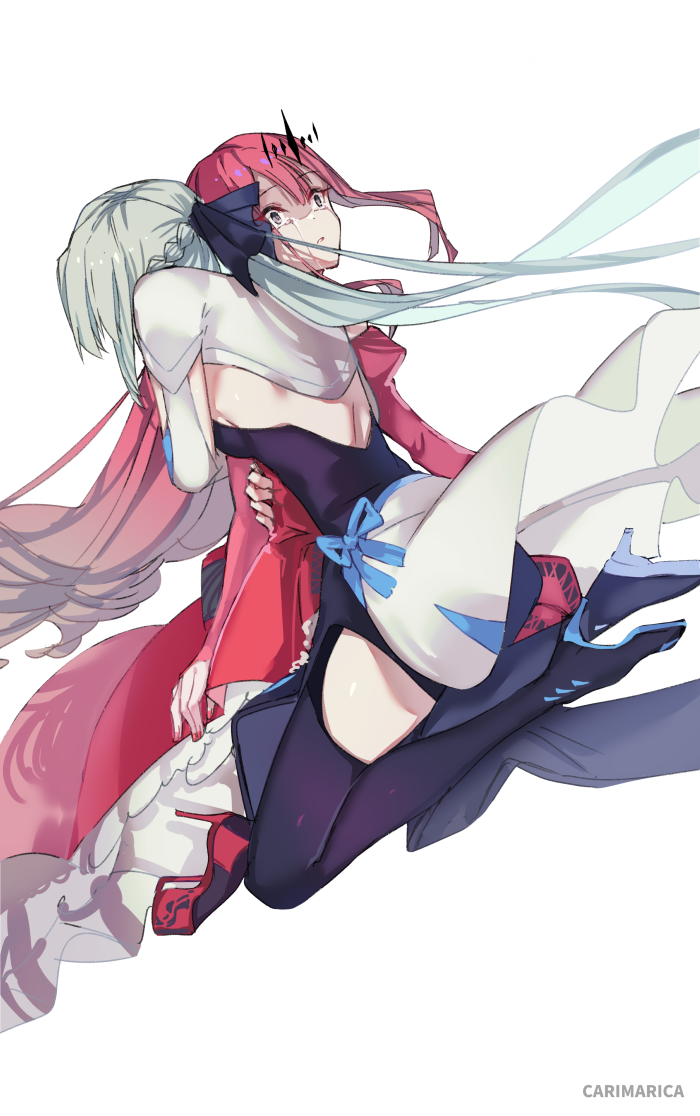 2girls baobhan_sith_(fate) baobhan_sith_(first_ascension)_(fate) black_dress black_footwear boots breasts carimarica crying detached_sleeves dress fate/grand_order fate_(series) frilled_dress frills full_body grey_eyes hair_ornament hair_ribbon hugh_(pokemon) kneeling long_hair morgan_le_fay_(fate) morgan_le_fay_(first_ascension)_(fate) mother_and_daughter multiple_girls pink_hair platform_footwear platform_heels ponytail red_dress red_footwear red_nails ribbon sidelocks streaming_tears tears thigh_boots white_background white_dress white_hair