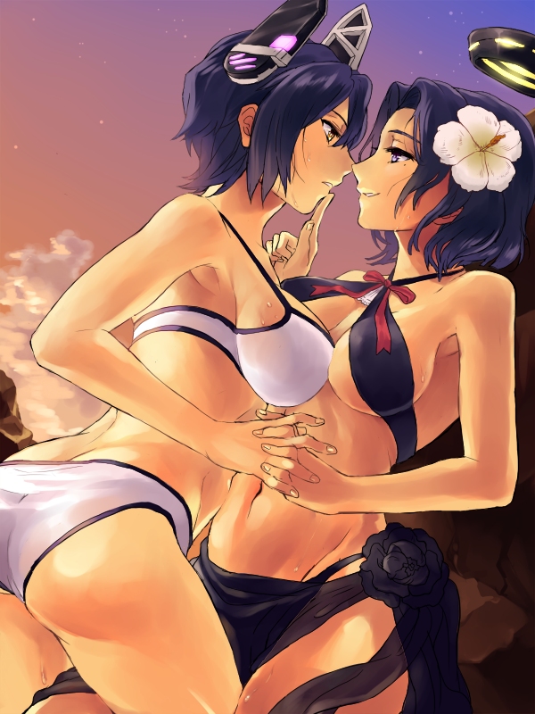 01rosso 10s 2girls armpits ass bad_id bad_pixiv_id bare_shoulders bikini breasts butt_crack evening eye_contact finger_to_another&#039;s_mouth flower from_side gradient_background hair_between_eyes hair_flower hair_ornament halo halterneck hand_on_another&#039;s_face headgear hibiscus holding_hands interlocked_fingers kantai_collection looking_at_another lying mechanical_halo midriff mole mole_under_eye multiple_girls navel off_shoulder on_back parted_lips purple_eyes purple_hair revealing_clothes sarong smile swimsuit tatsuta_(kancolle) tatsuta_(swimsuit)_(kancolle) tenryuu_(kancolle) tenryuu_(swimsuit)_(kancolle) underboob white_bikini yellow_eyes yuri