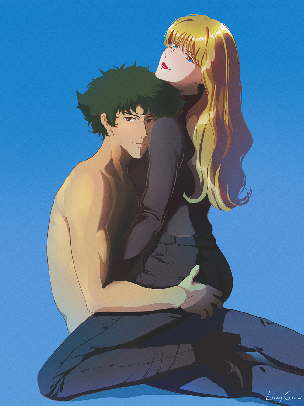 1boy 1girl blonde_hair blue_eyes brown_eyes couple cowboy_bebop curly_hair green_hair highres hug julia_(cowboy_bebop) lucyguusi spike_spiegel sweater topless_male turtleneck turtleneck_sweater
