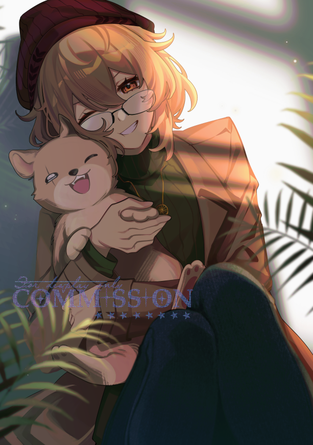 animal beanie brown_jacket clio_aite copyright_request denim glasses hair_between_eyes hat head_tilt holding holding_animal jacket jeans jewelry necklace one_eye_closed pants scar sidelocks smile sweater tana_(tanabio) turtleneck turtleneck_sweater virtual_youtuber