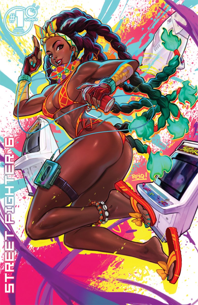 1girl alternate_costume alternate_hairstyle arcade_cabinet ass bandaged_arm bandages braid breasts brown_eyes brown_hair dark-skinned_female dark_skin dreadlocks earphones feet fingerless_gloves flip-flops floating floating_hair full_body gloves gradient_hair graffiti highres kimberly_jackson large_breasts lips makeup multicolored_hair nails paint_can reiq sandals smile street_fighter street_fighter_6 swimsuit