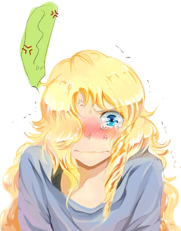 1boy anger_vein anno_mana blonde_hair blue_eyes blush drill_hair frown hair_over_one_eye long_hair male_focus maraich_juschenfe patalliro! simple_background solo tears trap white_background